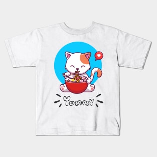 Cat eating noodles Kids T-Shirt